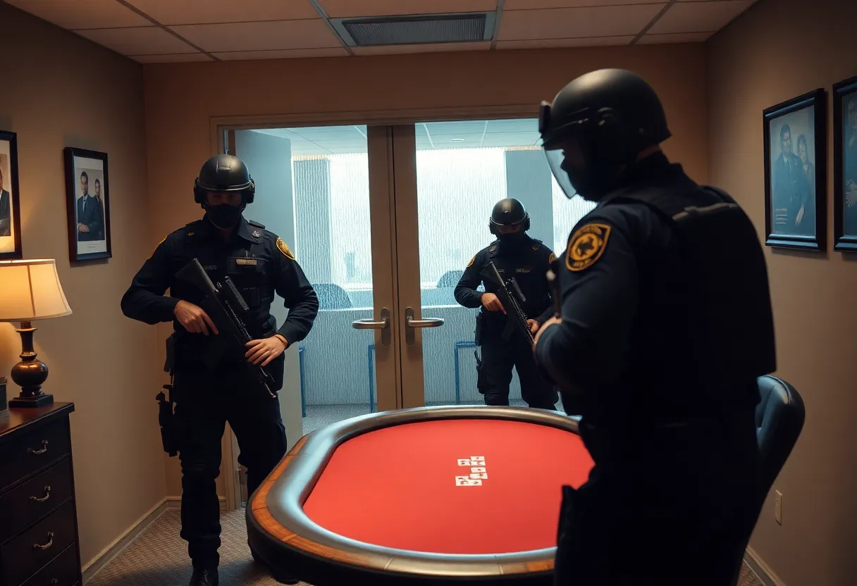 Law enforcement officers conducting a raid on a poker game
