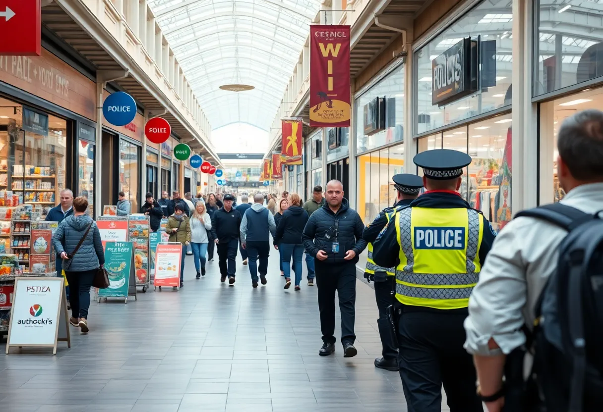 Police officers in a shopping area searching for a robbery suspect