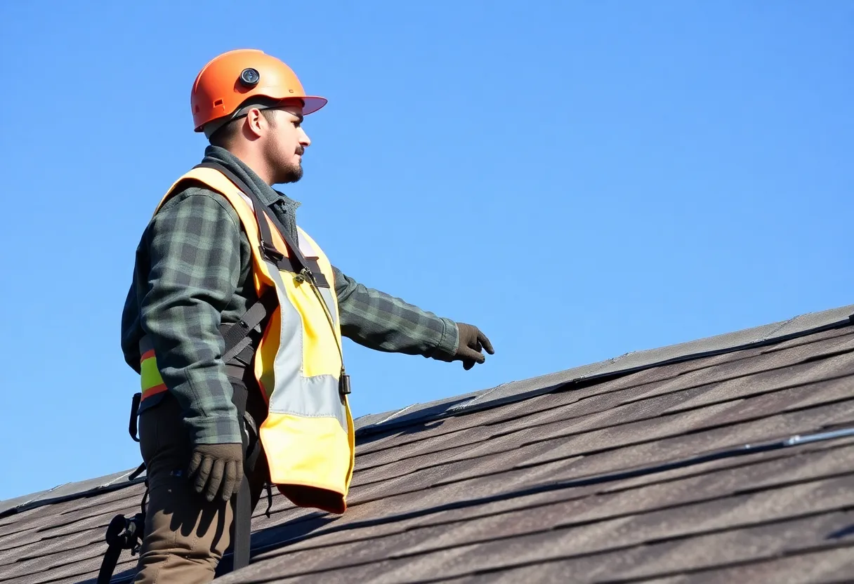 Person inspecting roof shingles with safety gear