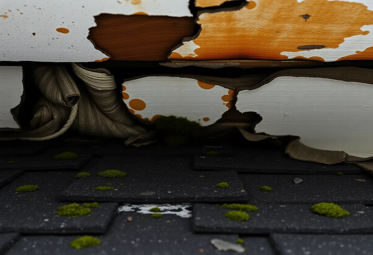 Damaged roof with shingles, water stains, and moss