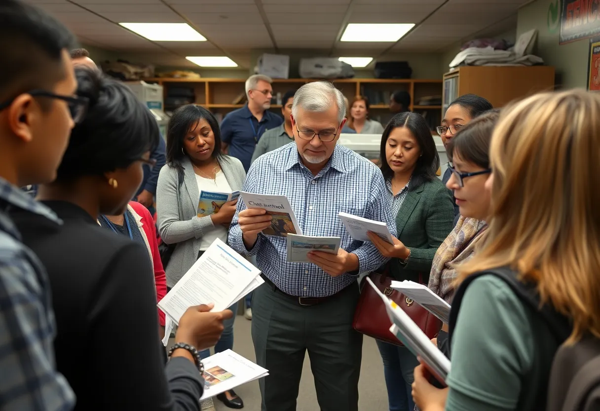 Educators discussing educational policy and charter school literature.