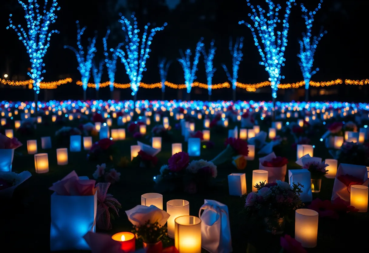 Memorial site with blue lights and flowers honoring September 11 victims