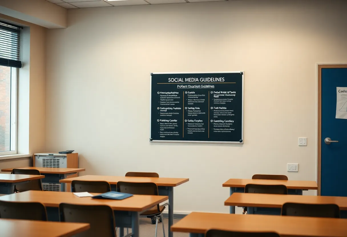 Poster illustrating professional conduct in education regarding social media use.