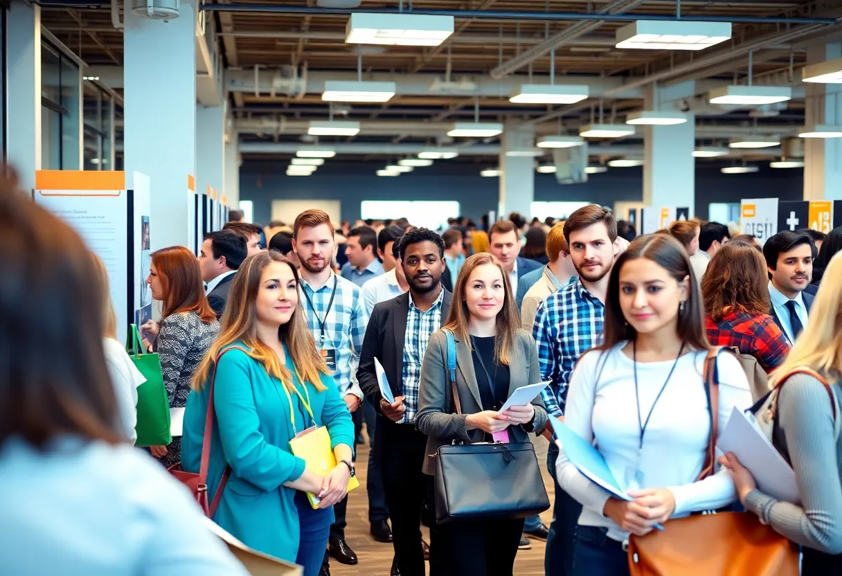 Job seekers and employers interacting at a job fair in South Carolina.