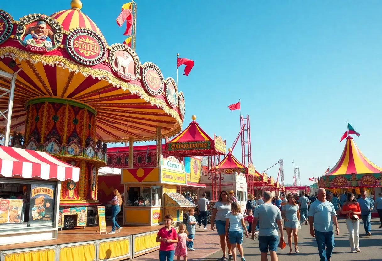 Crowds enjoying the South Carolina State Fair with rides and food stalls.