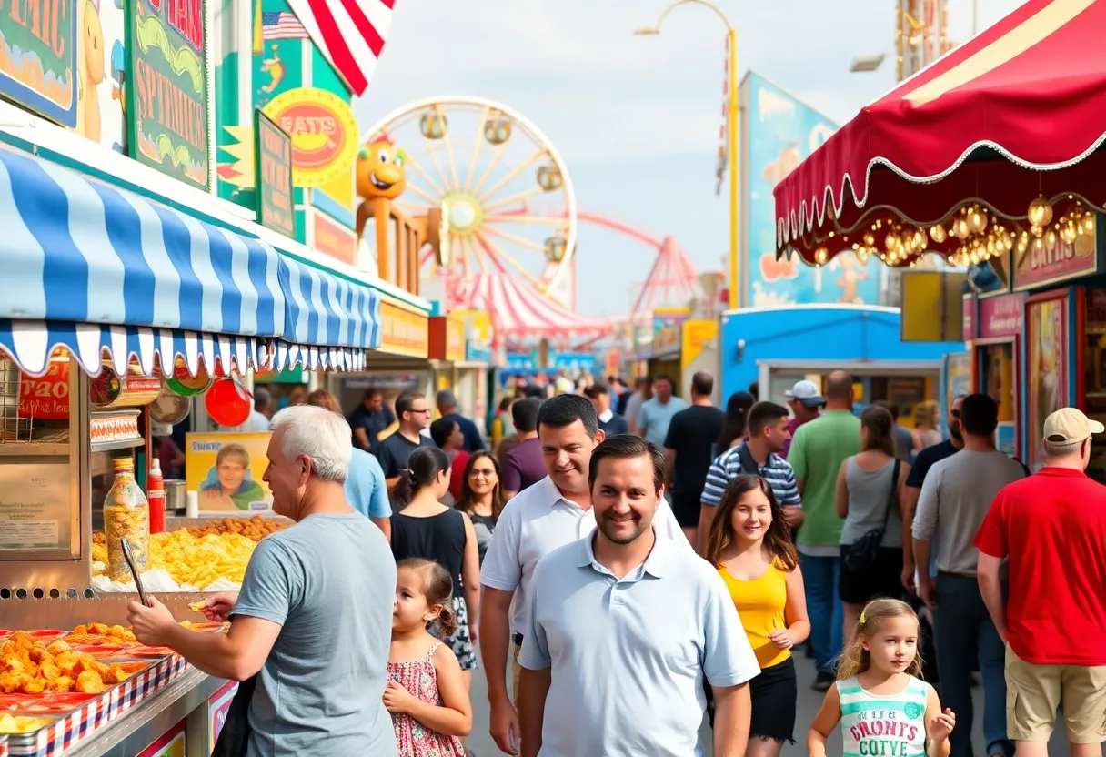 A lively South Carolina State Fair with food stands and families enjoying activities.