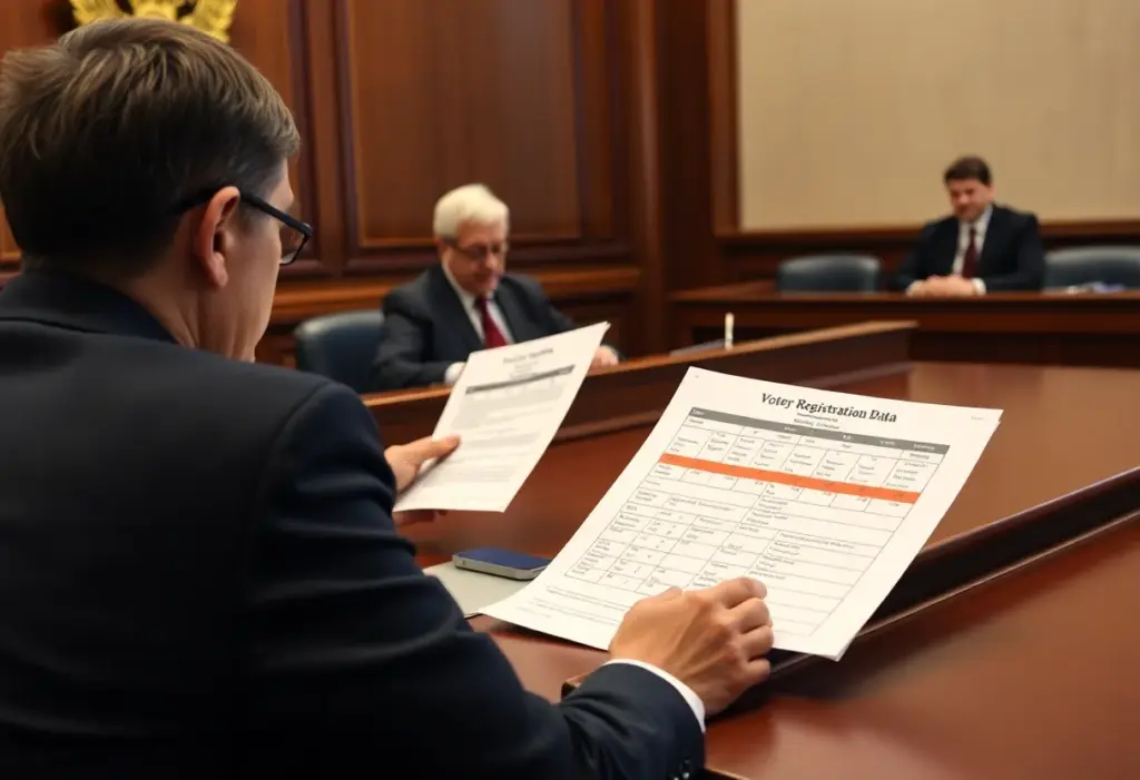 Judges in a courtroom discussing voter registration data sharing