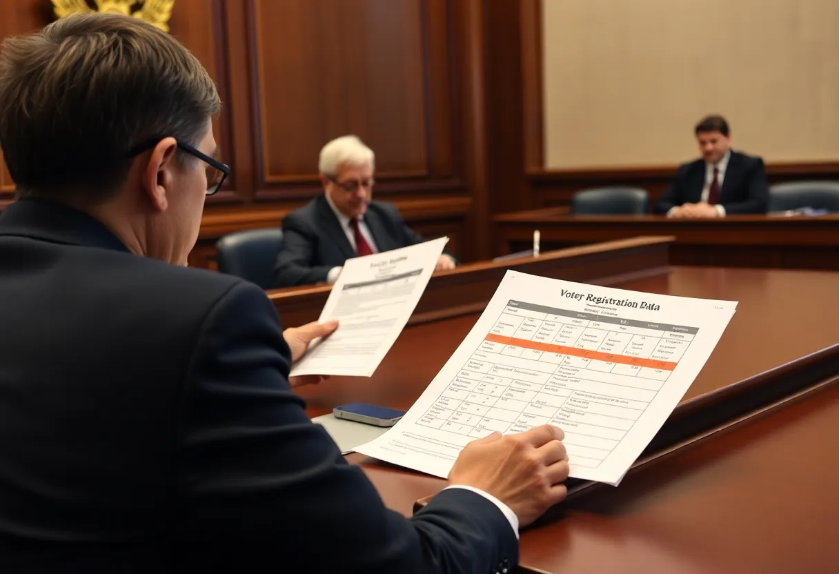 Judges in a courtroom discussing voter registration data sharing