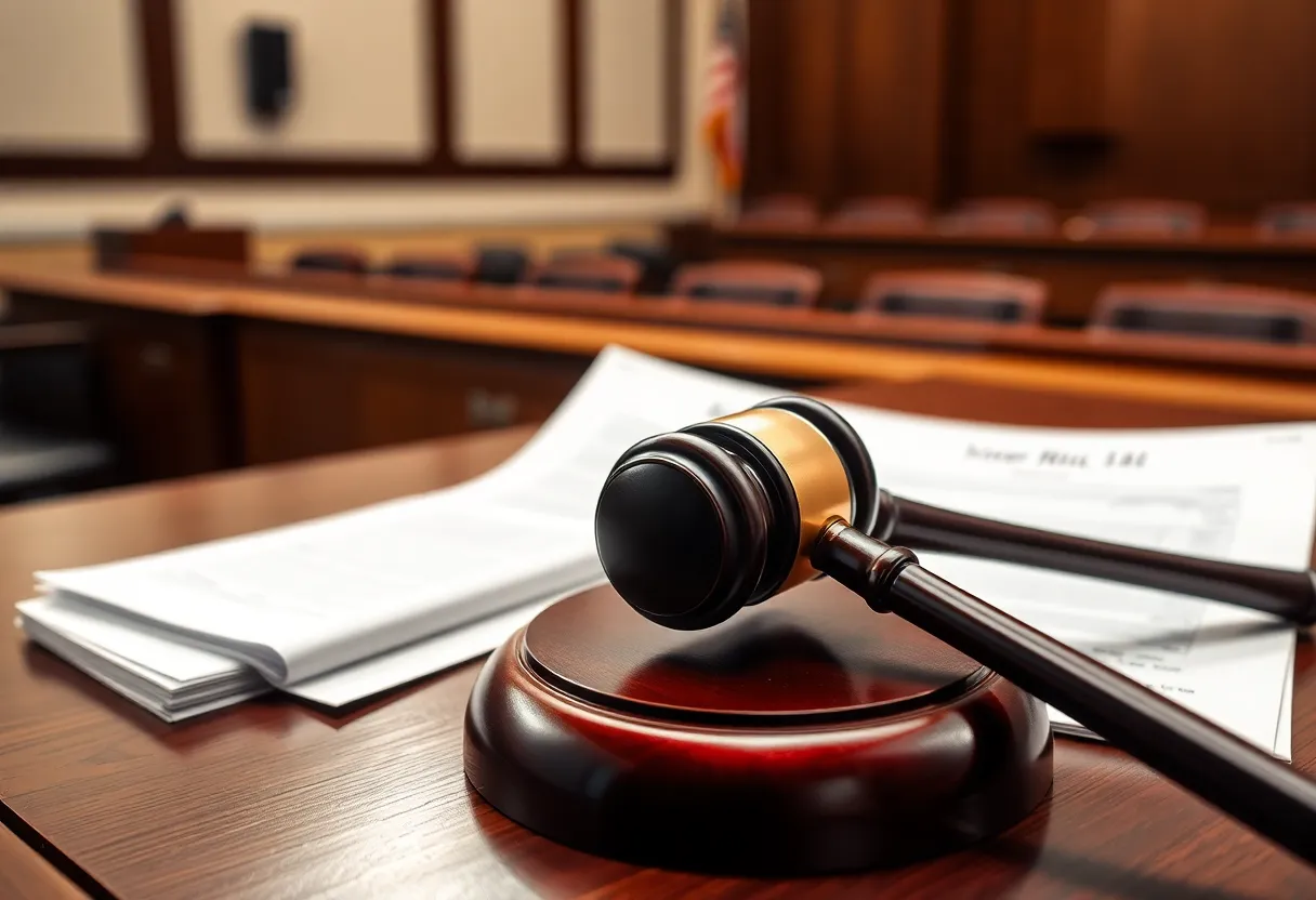 Courtroom scene depicting a gavel and legal documents