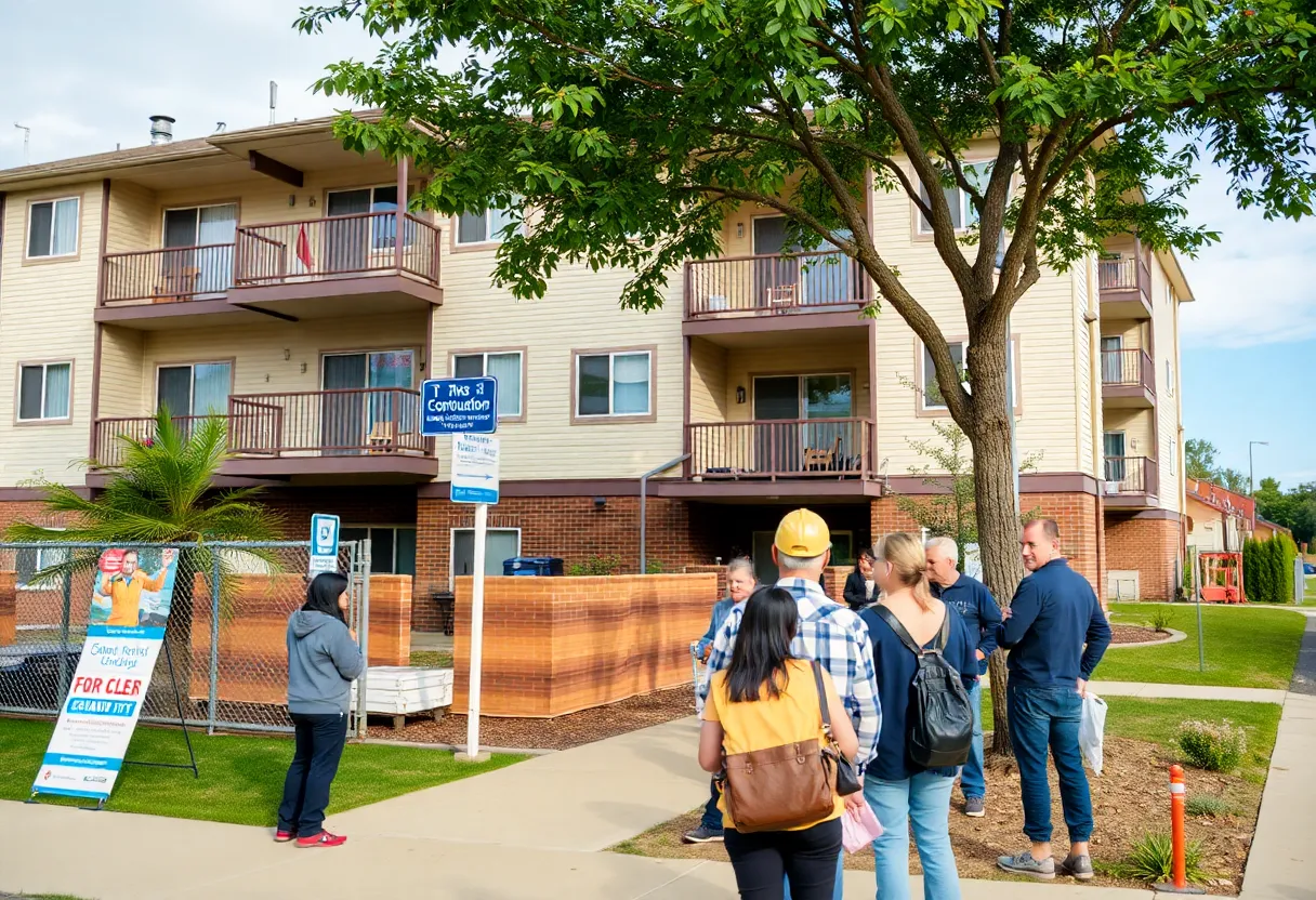 The South Saluda Apartments with construction signs and community members nearby.