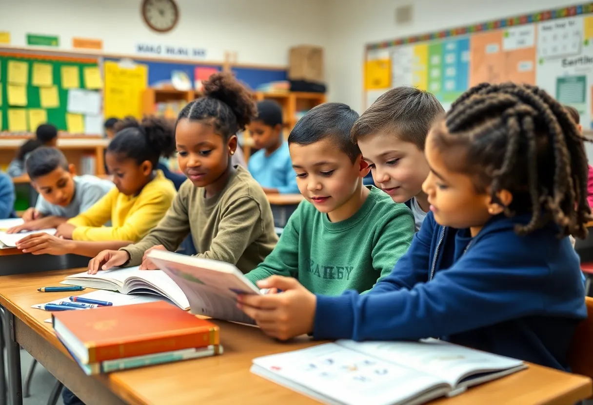 Students in a classroom participating in reading and math activities