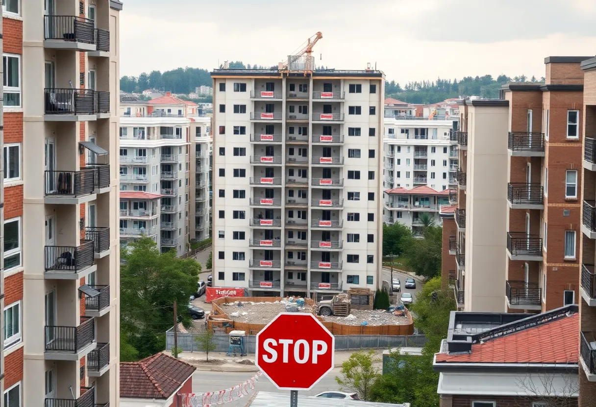Construction area of South Saluda Apartments with stop-work sign.