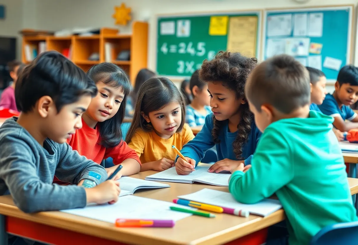 Students in a classroom focusing on math and English language arts activities.