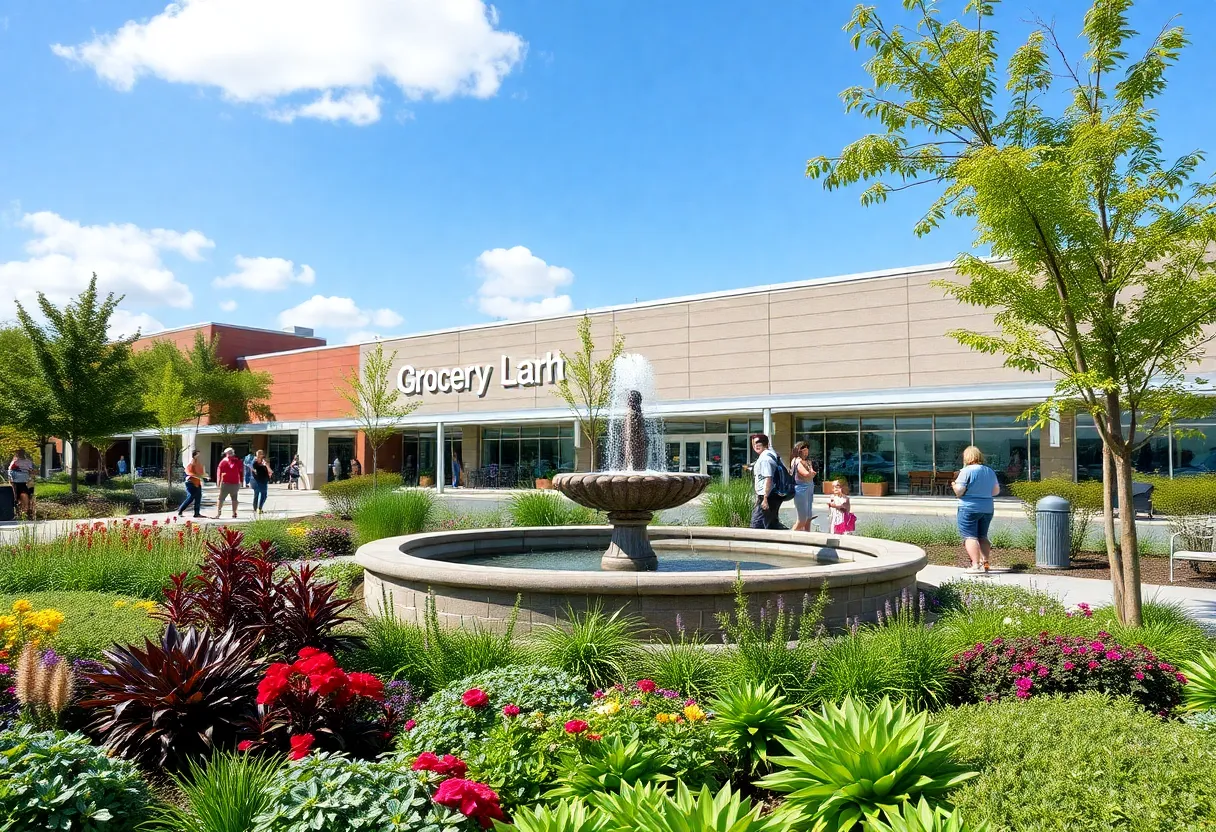 A proposed community green space with a fountain and grocery store.