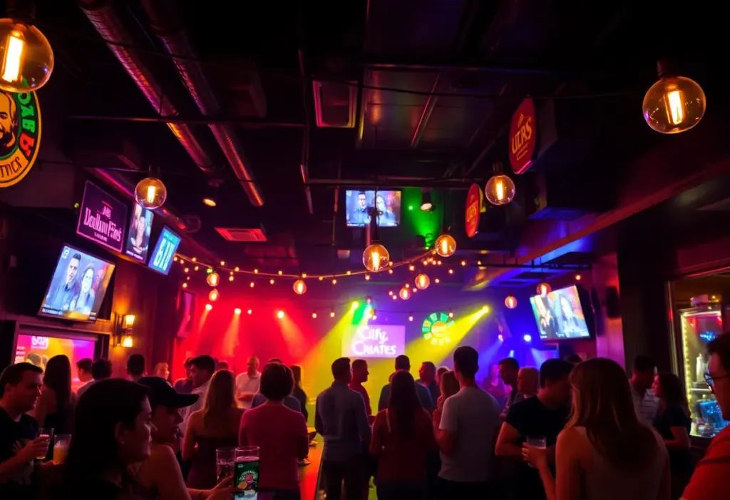 Patrons enjoying drinks and dancing at The Woody on Main