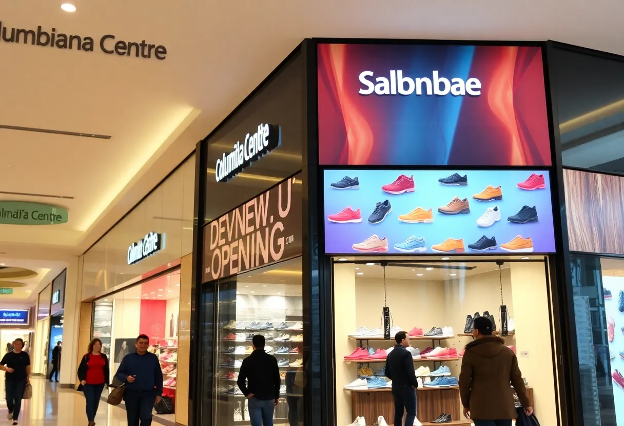 New Tradehome Shoes store location at Columbiana Centre mall showcasing popular shoe brands.