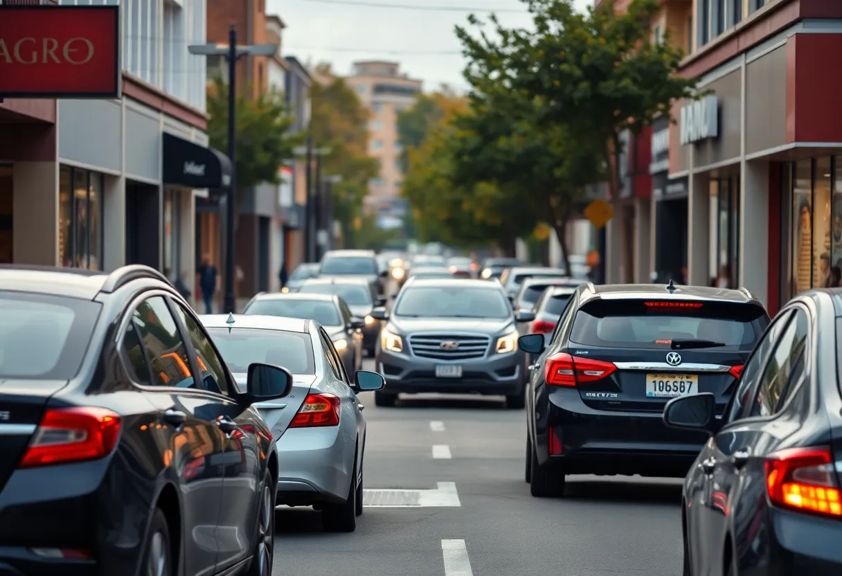 Traffic scene showing cars and pedestrians in a busy shopping area.