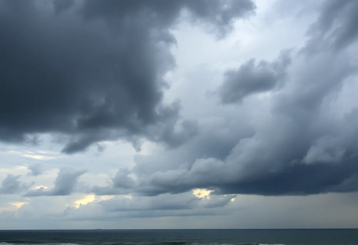 Dark clouds gathering over the South Carolina coast indicating a tropical storm approach.