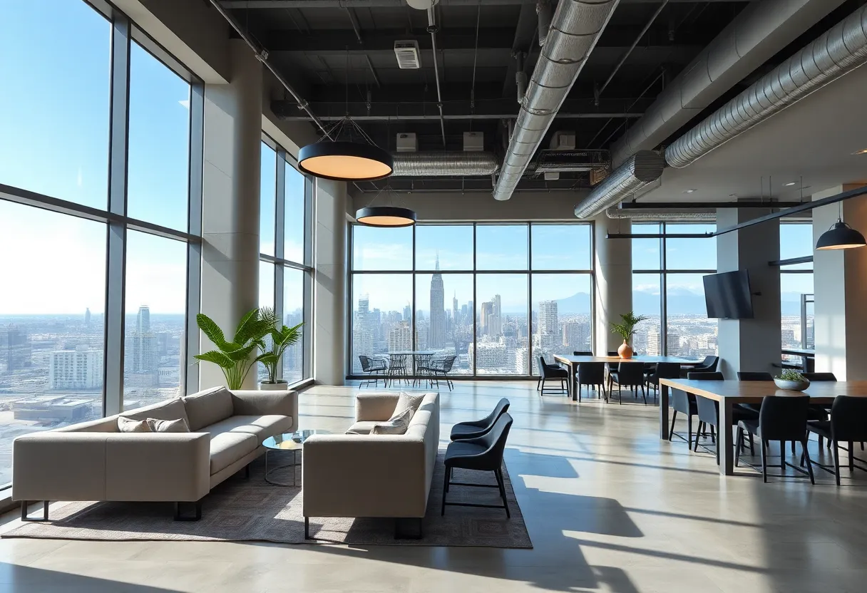 Interior of Venture X coworking space featuring modern design and city views.