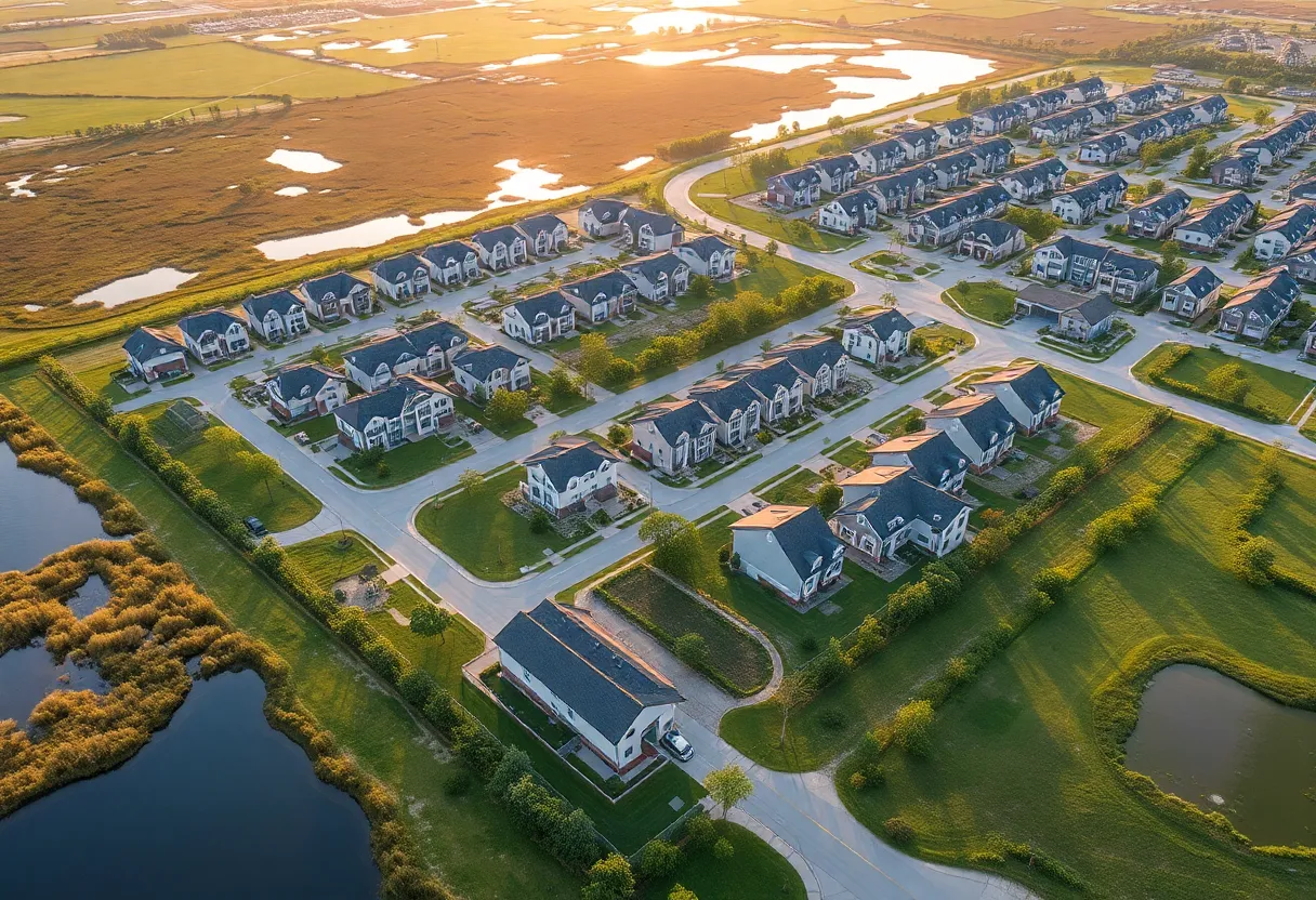 Aerial view of the proposed Water Walk development site showing residential units and green spaces.
