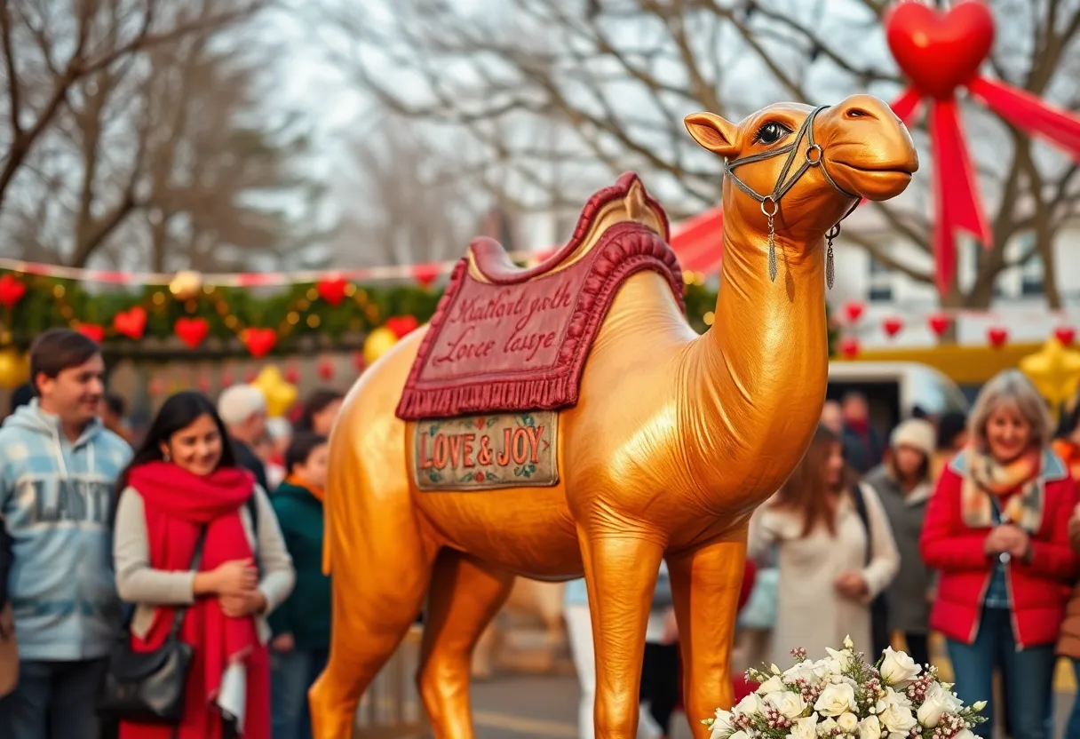 A memorial for Abraham the camel surrounded by flowers and community members.