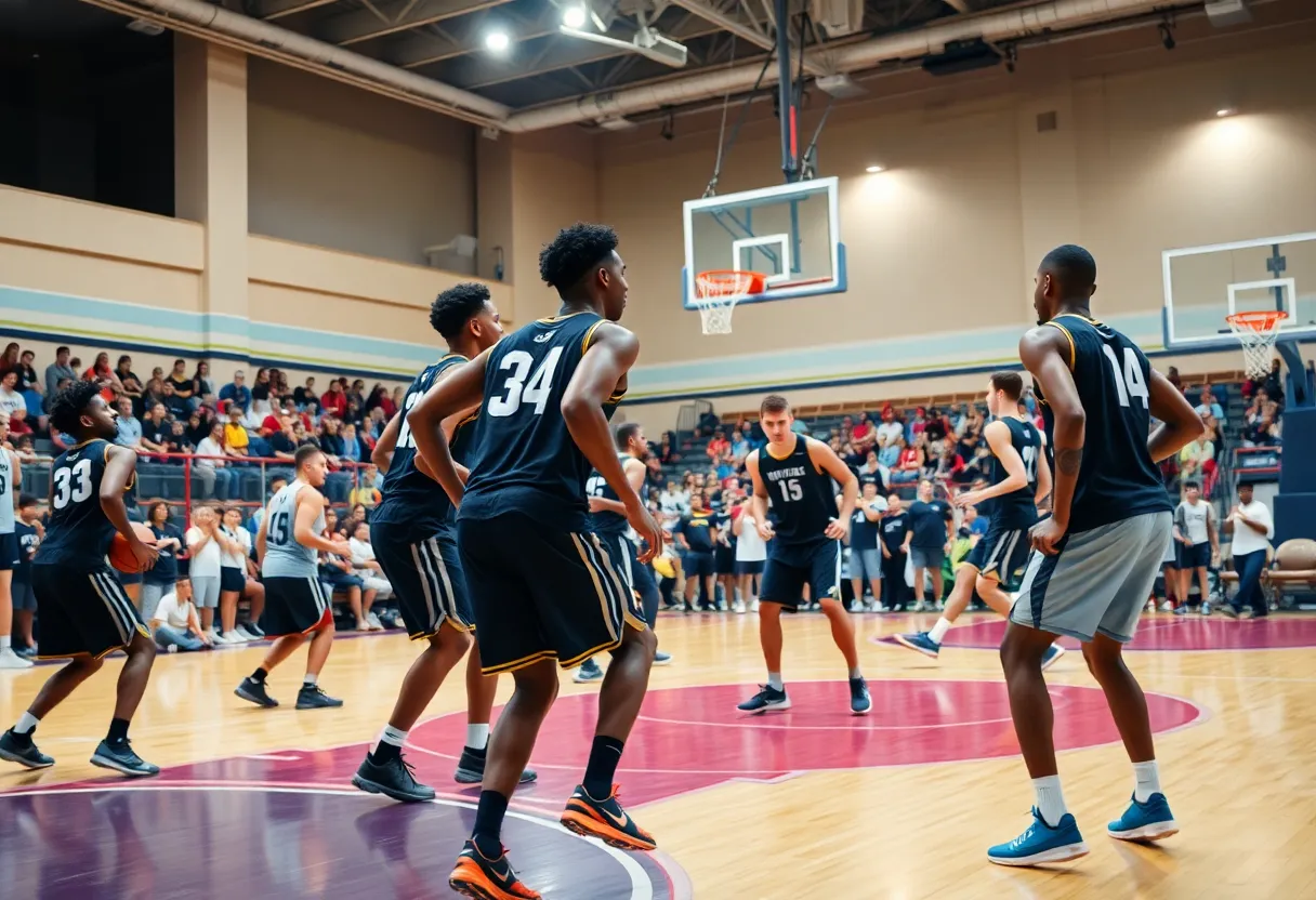 Players practicing basketball on a court with vibrant energy.