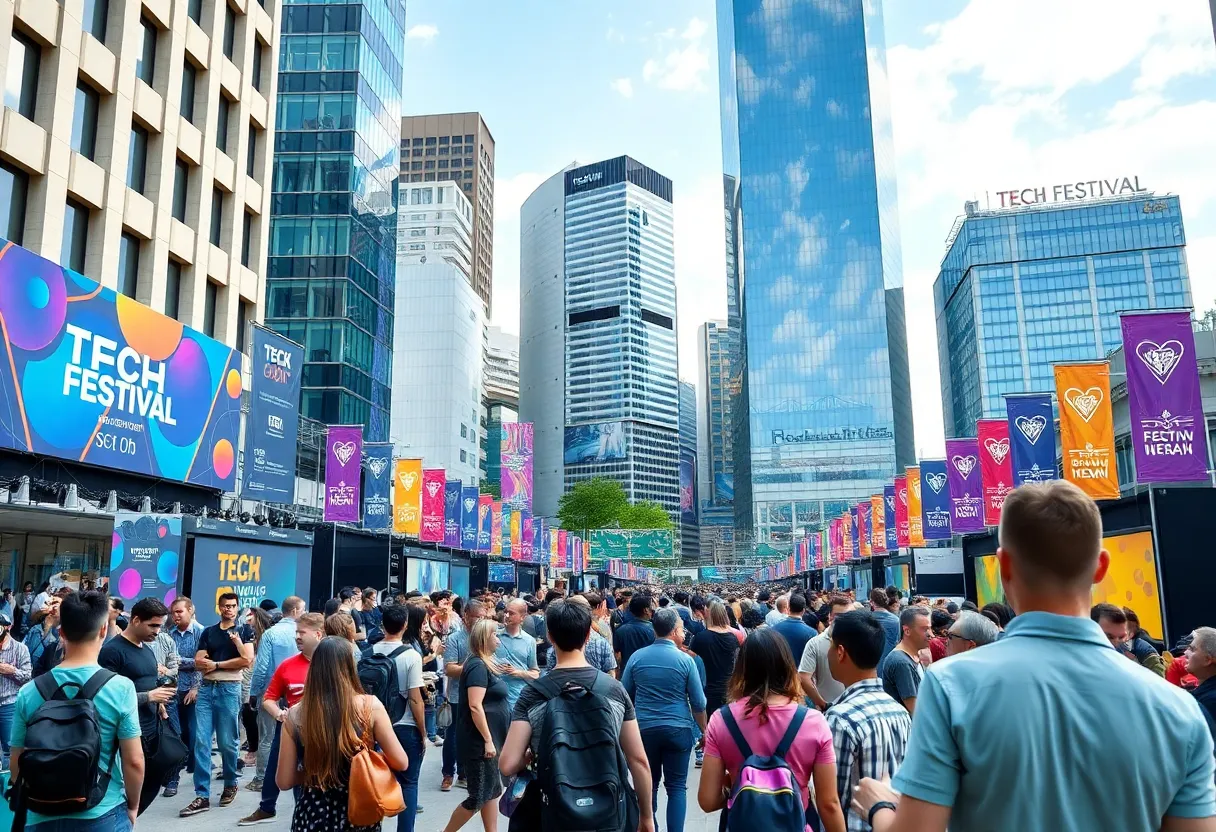 Crowds participating in Birmingham Tech Week with tech displays and city skyline.