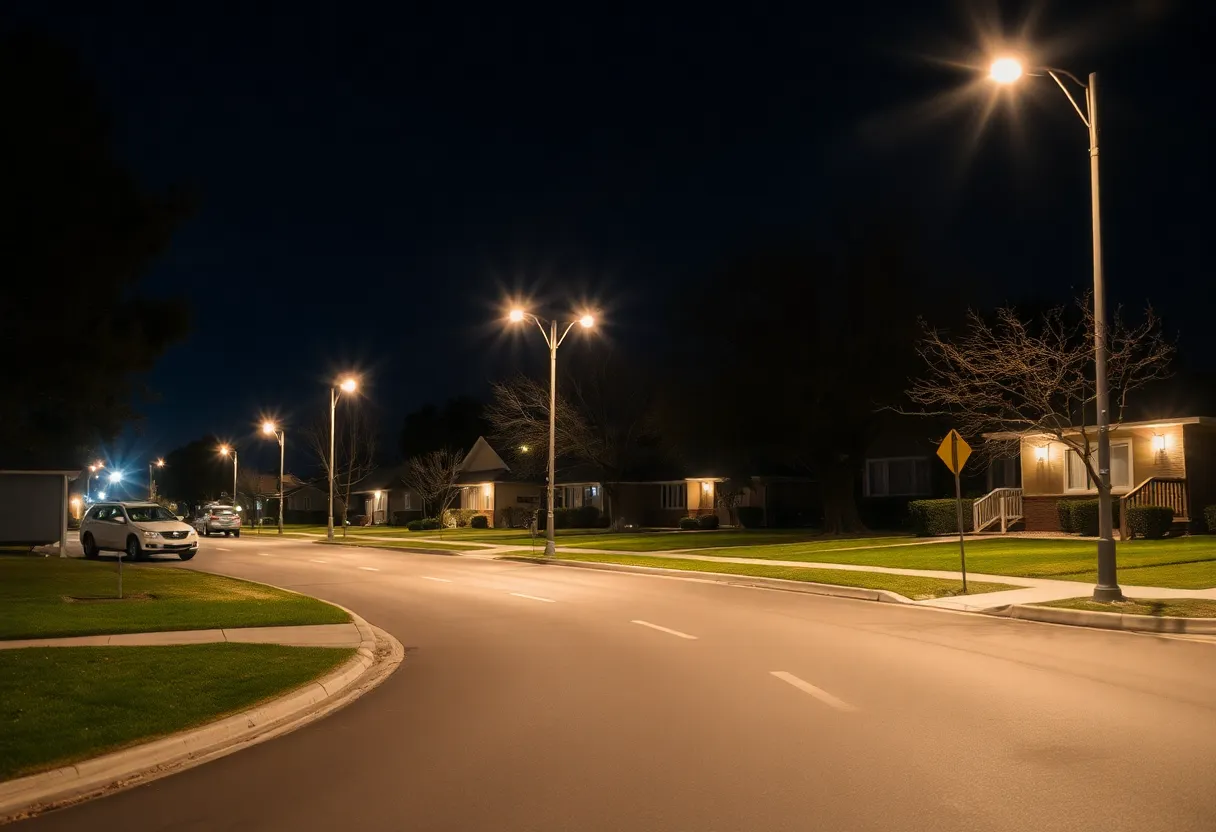 A quiet suburban road at night in Chapin, South Carolina