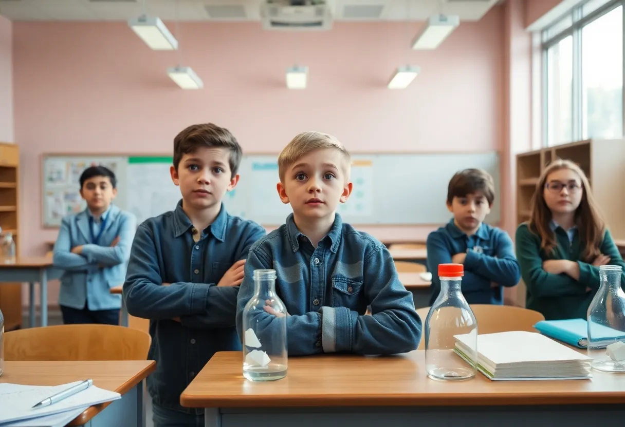 Students in a classroom with no science materials present