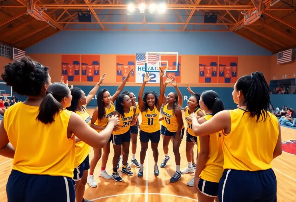 Columbia College women's basketball team celebrating on the court.