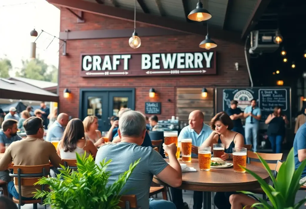 Patrons enjoying drinks and live music at a Columbia craft brewery