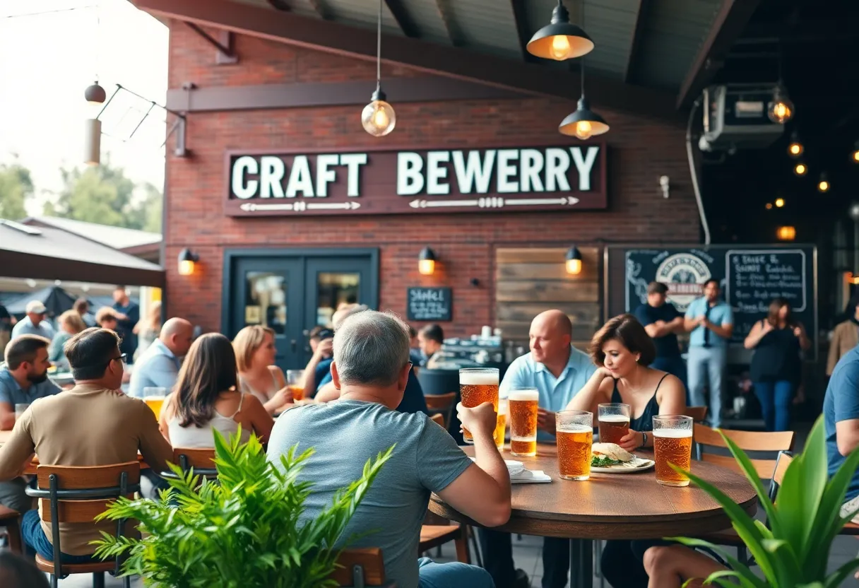 Patrons enjoying drinks and live music at a Columbia craft brewery