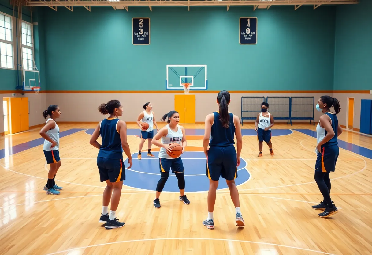 Women's basketball team practicing on the court