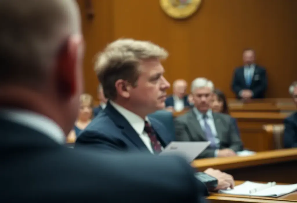 Courtroom scene depicting serious legal proceedings