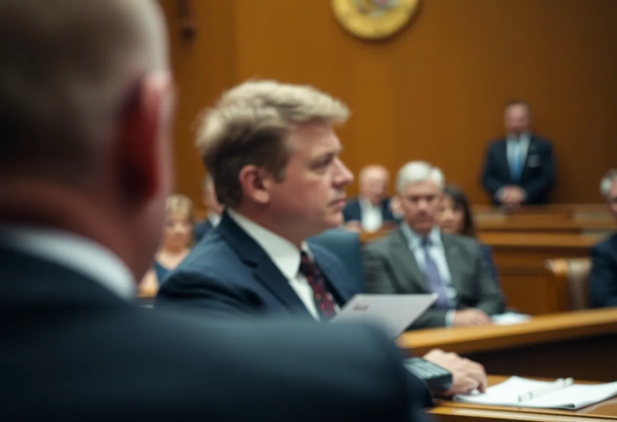 Courtroom scene depicting serious legal proceedings