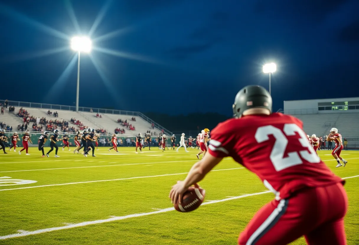 High school football game between Dutch Fork and Lexington players on field