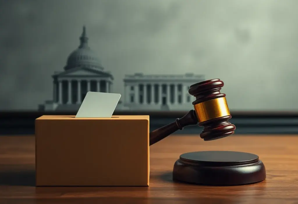 Abstract representation of an election commission investigation with ballot boxes.