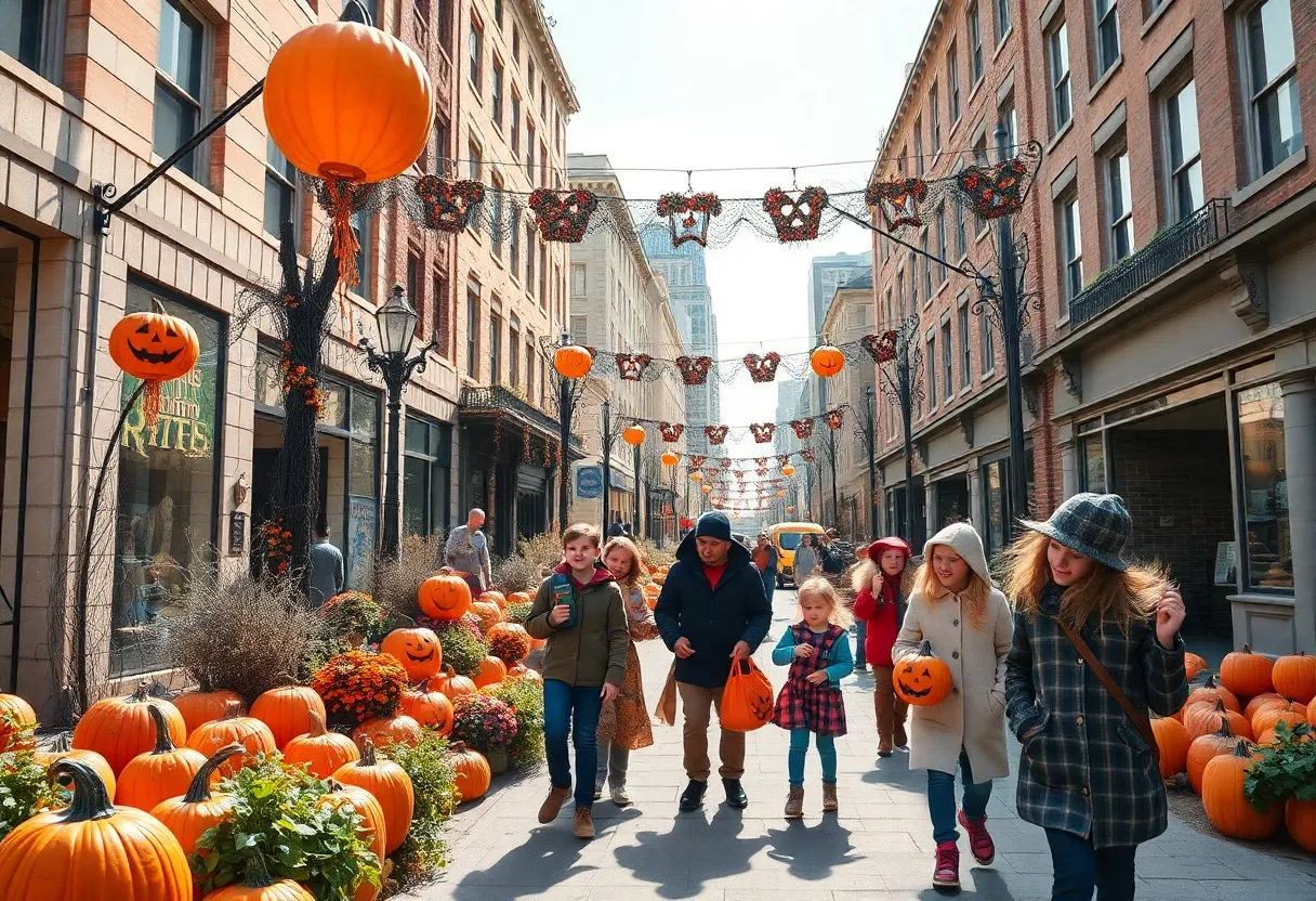 A colorful Halloween event scene in Soda City with pumpkins and families.