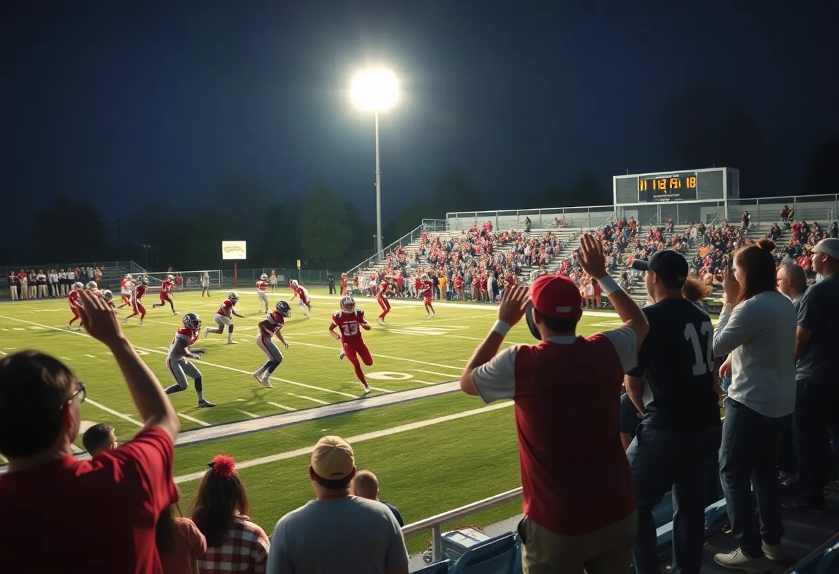 Players in action during a high school football game at night