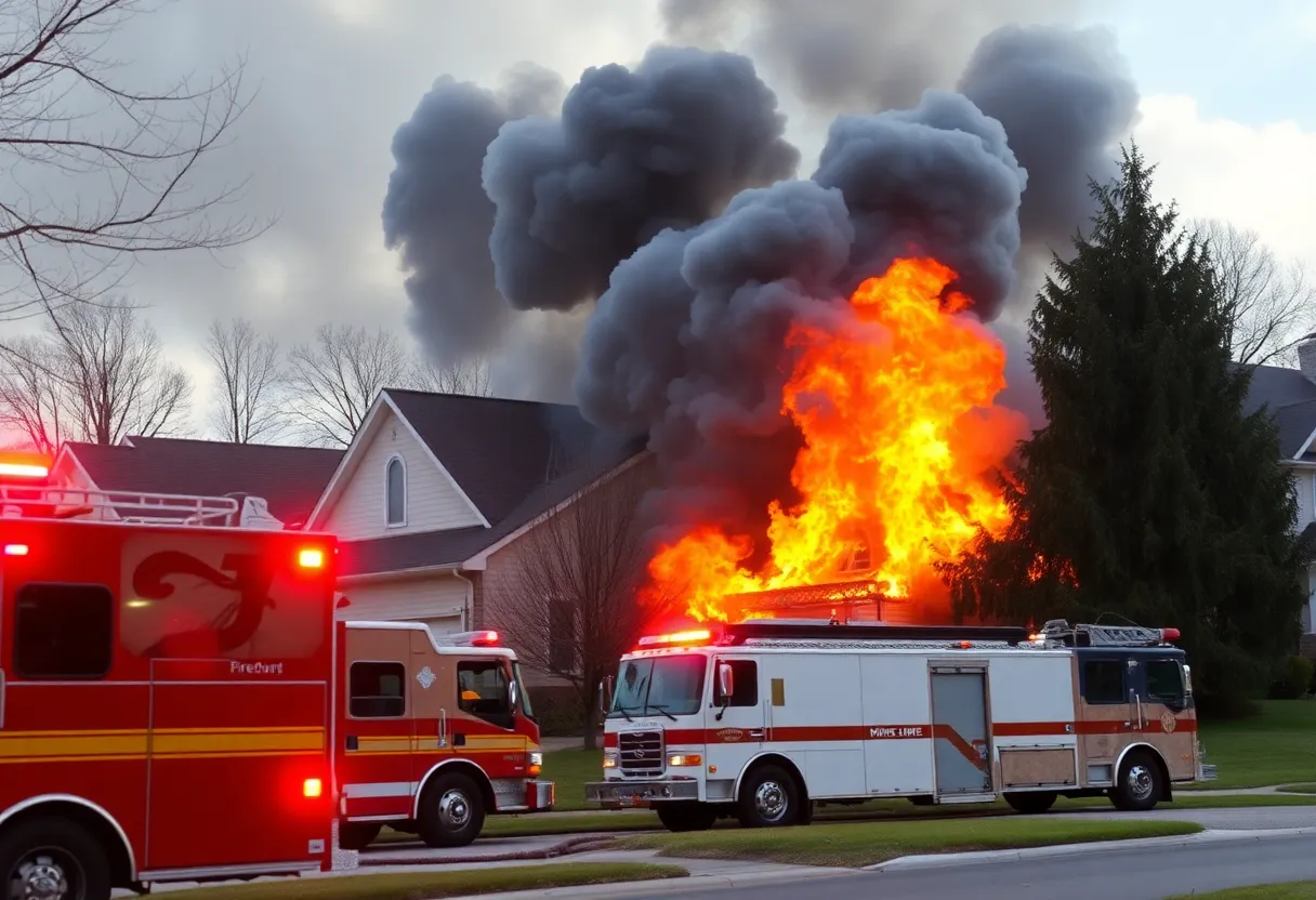 Firefighters battling a house fire in a suburban neighborhood