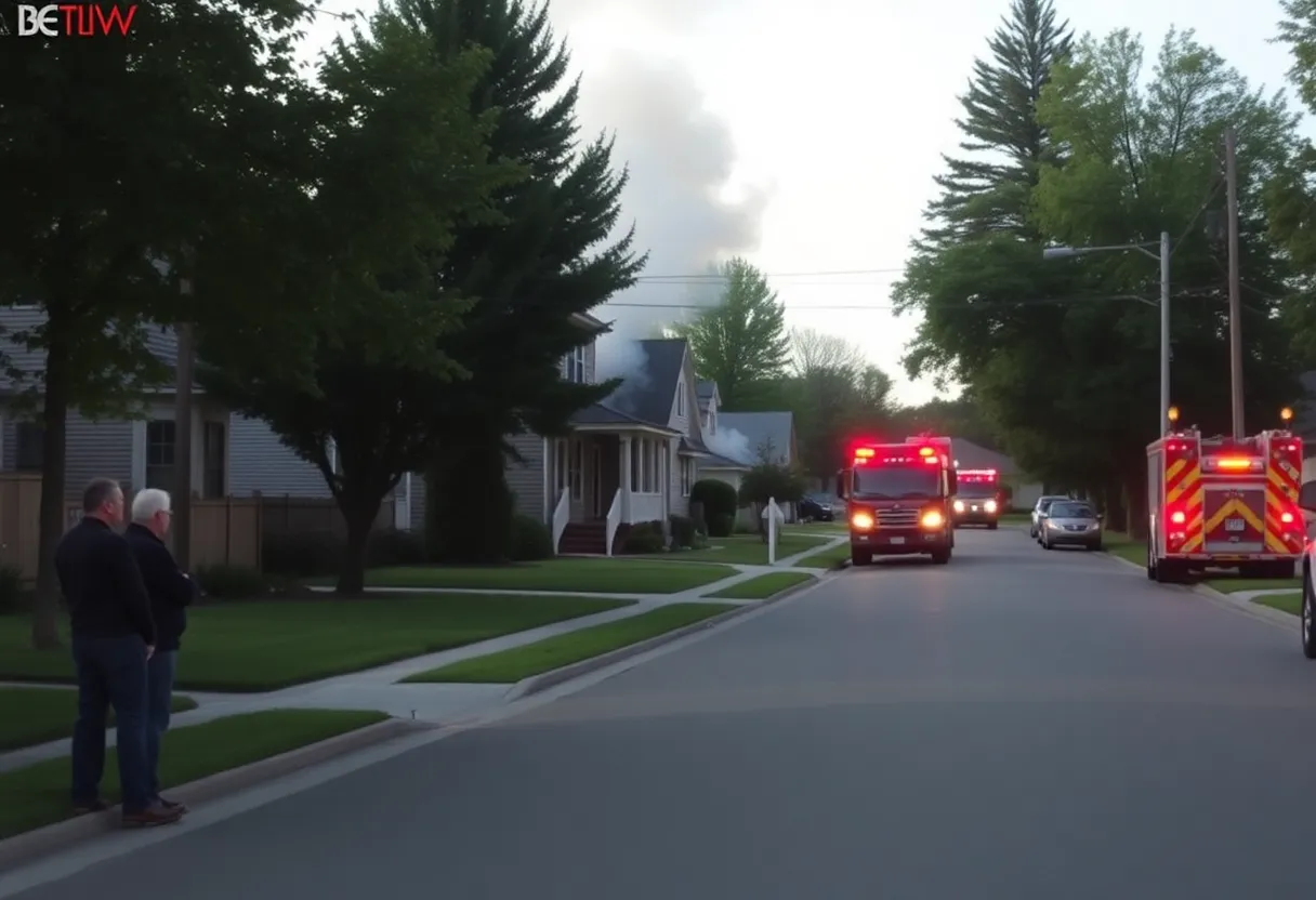 Firefighters responding to a house fire in a suburban neighborhood.