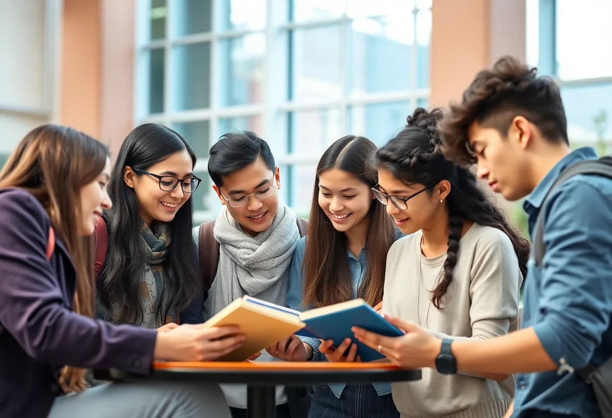 Group of international students studying in a university