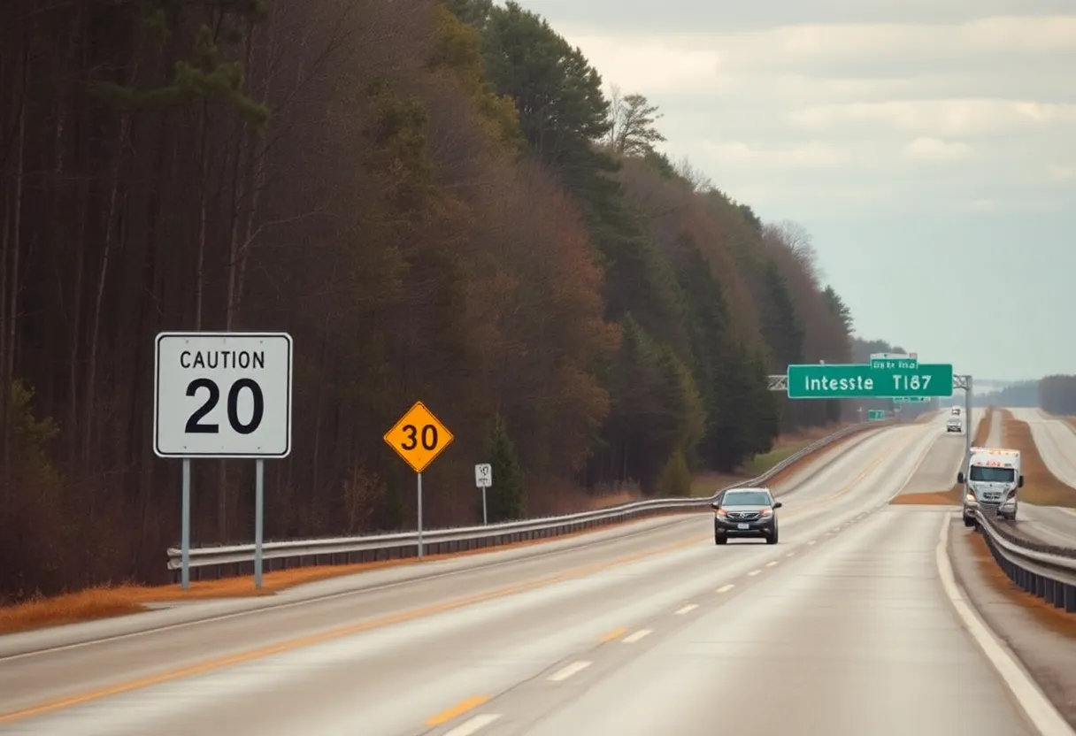 View of Interstate 20 in Lexington, highlighting road safety signs.