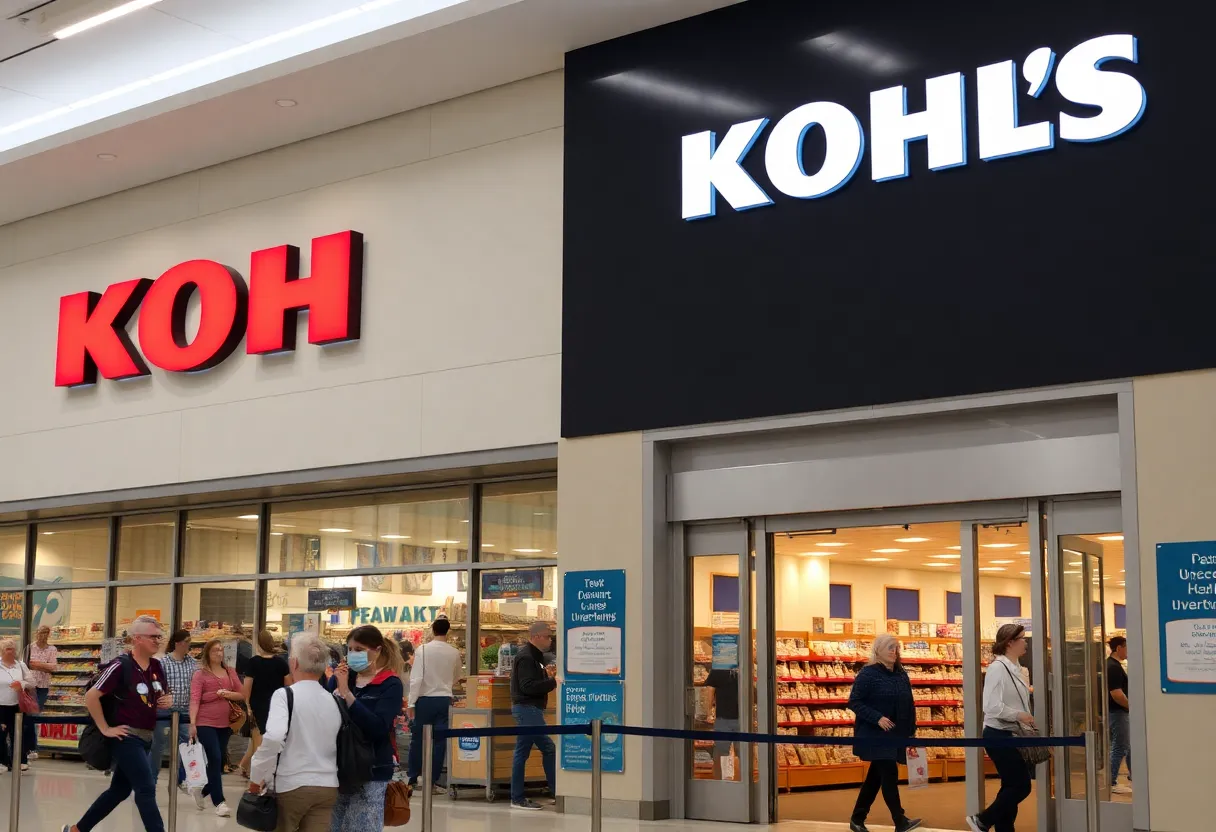 Exterior view of a Kohl's store with shoppers and security.