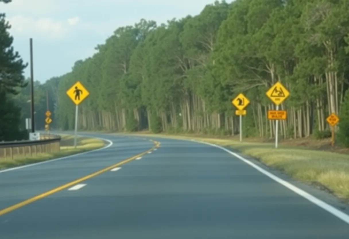 Rural road in Lexington County, South Carolina, highlighting safety hazards.