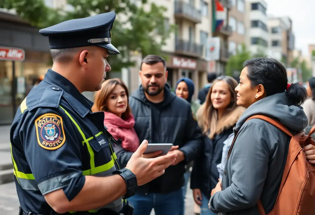 Police officer engaging with community members regarding safety