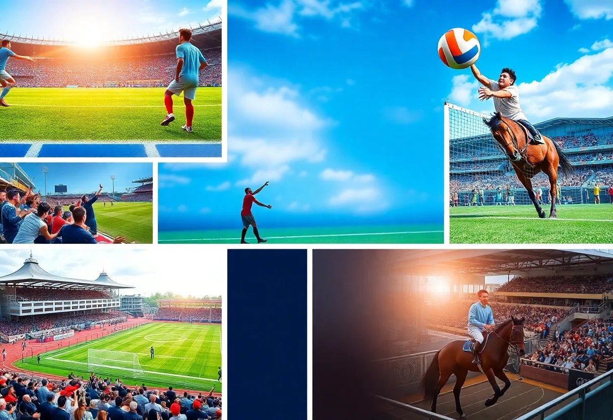 Collage of Lexington sports activities including soccer, volleyball, and horse racing.