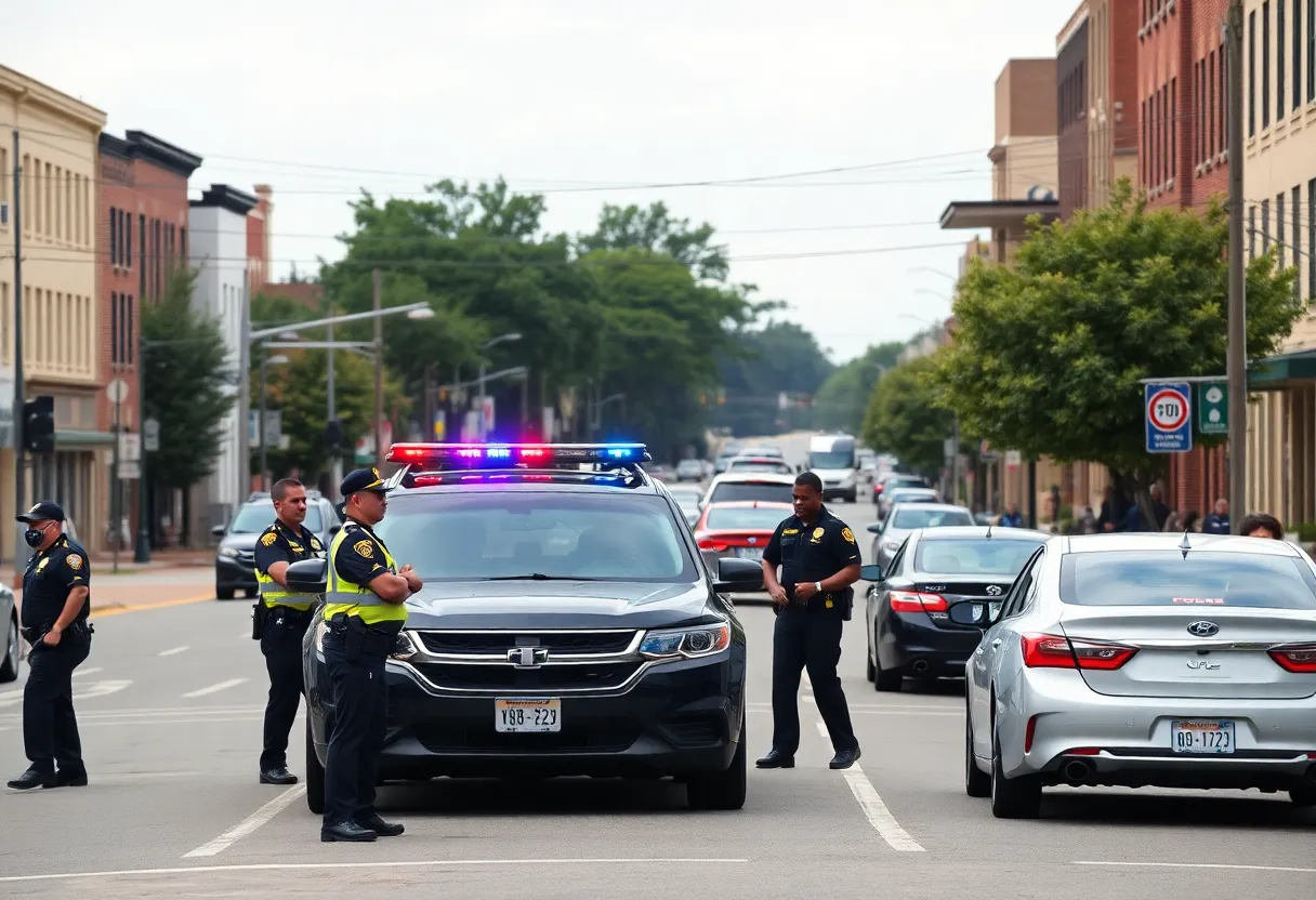 Police officers on a Lexington street discussing community safety and theft incidents