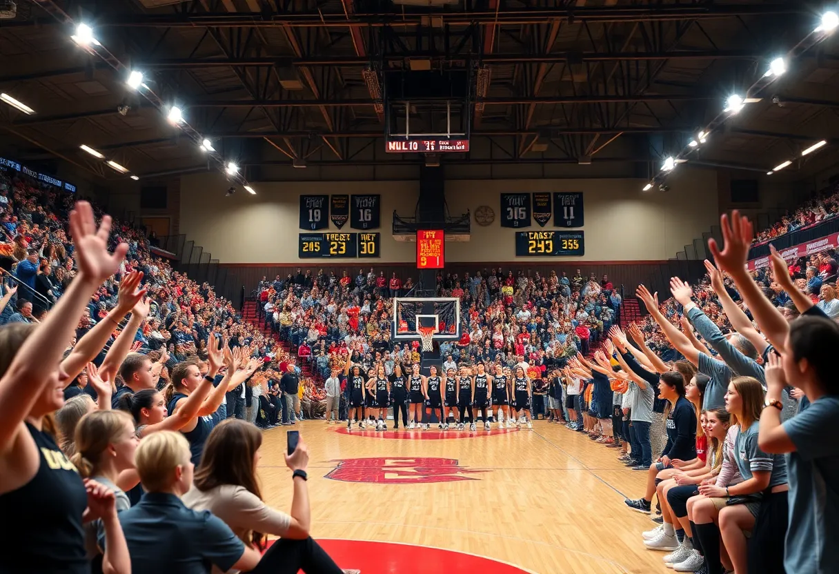 Crowd cheering at a women's basketball game at Columbia College