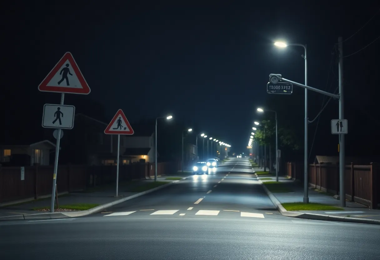 Road scene with pedestrian signs and street lights at night
